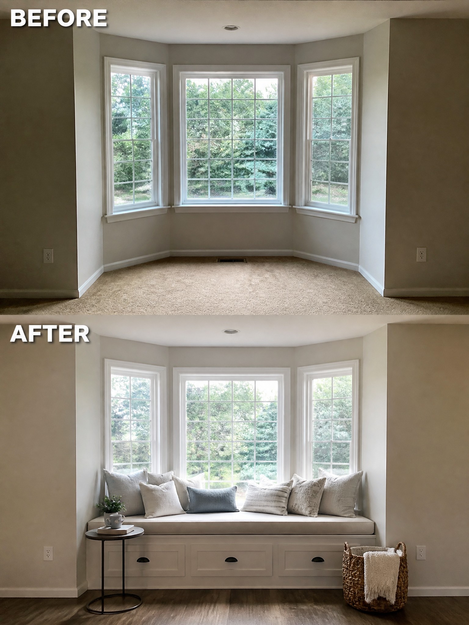 Before-and-after image of an empty bay window nook turned into a window seat with storage bench and cushions.