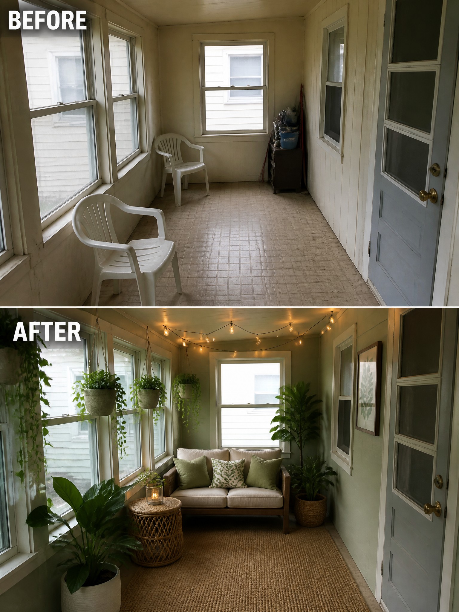 Before-and-after image of a plain porch transformed into a furnished outdoor seating space with a sofa, rug, plants, and string lights.