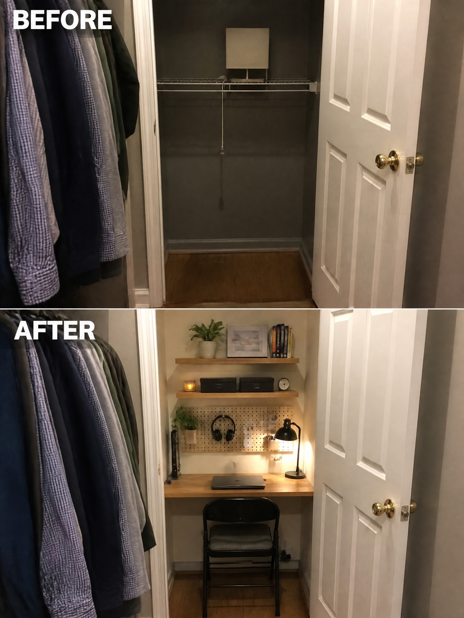 Transformed closet into a cozy workspace with a desk, chair, and decor items.