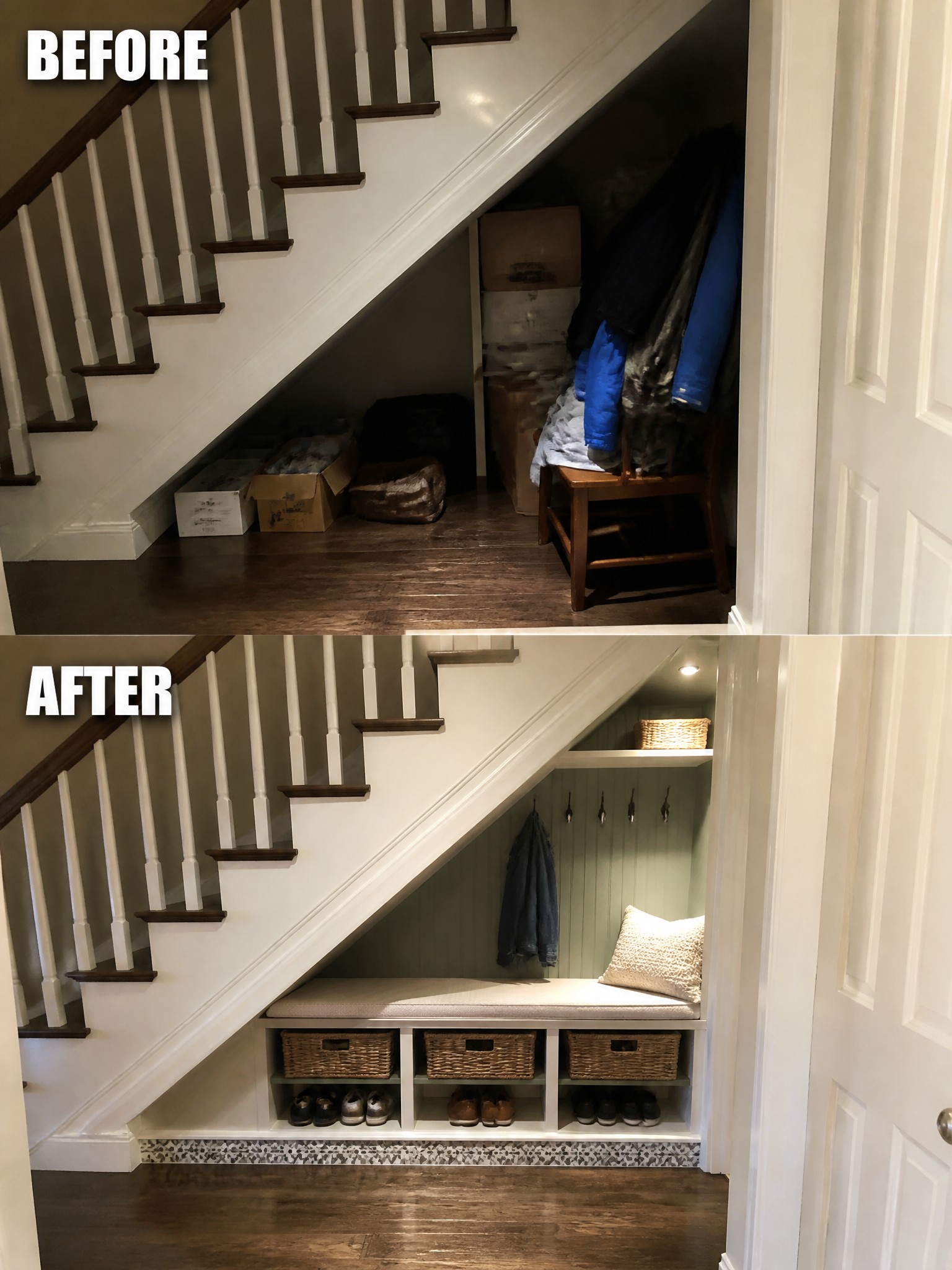 Before and after comparison of an under-stair storage area, organized with shelves and baskets.