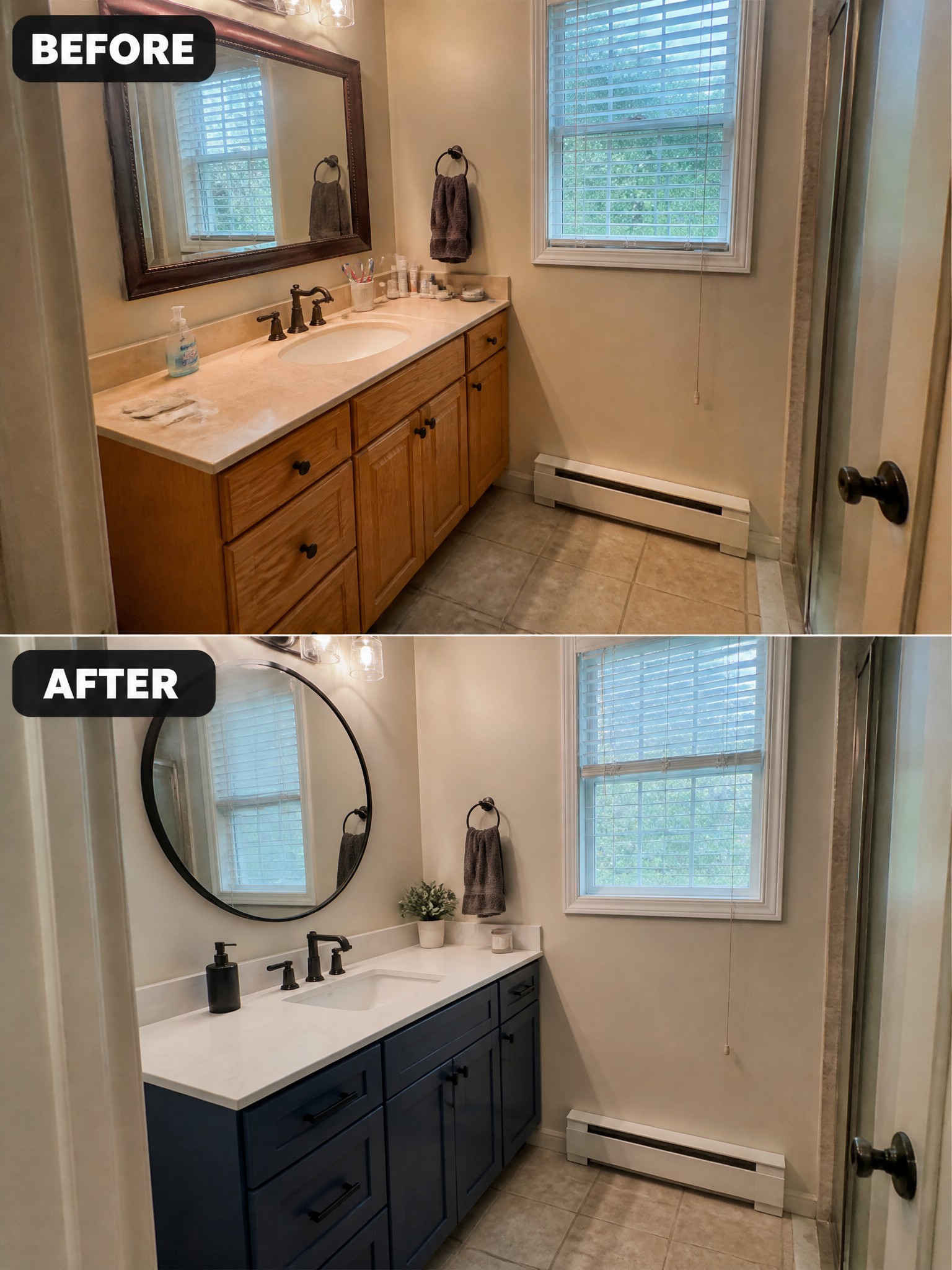 Before-and-after image of a bathroom showing a wooden vanity with framed mirror changed to a navy vanity with round mirror and white countertop.