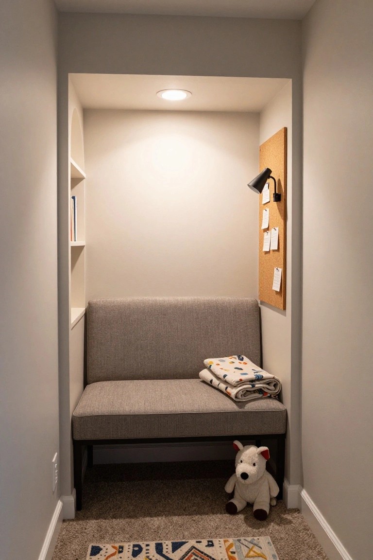Narrow indoor alcove with gray cushioned bench, open shelves holding books, cork bulletin board with pinned notes, folded colorful blanket on bench, white stuffed dog toy on floor, and patterned rug in front.