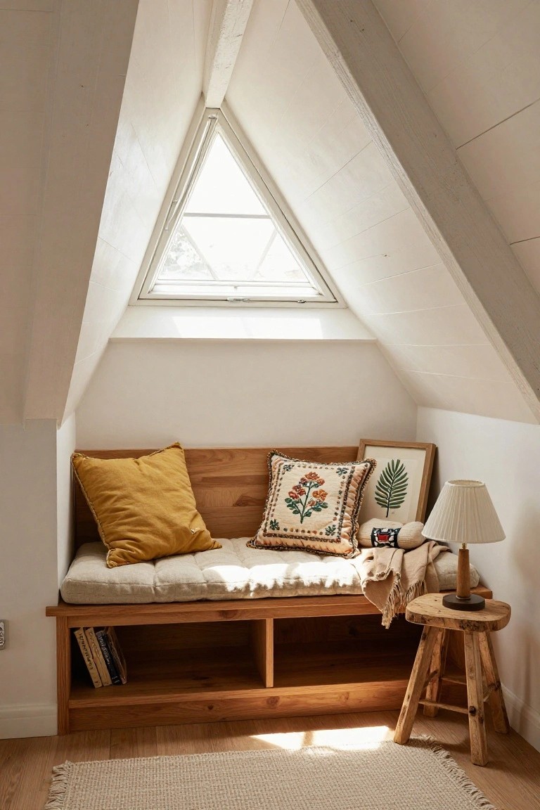 Wooden built-in bench seat under a triangular attic window with yellow and patterned cushions, open shelving below holding books, a small lamp on a wooden stool, throw blanket, framed leaf print, and woven rug on oak floorboards.