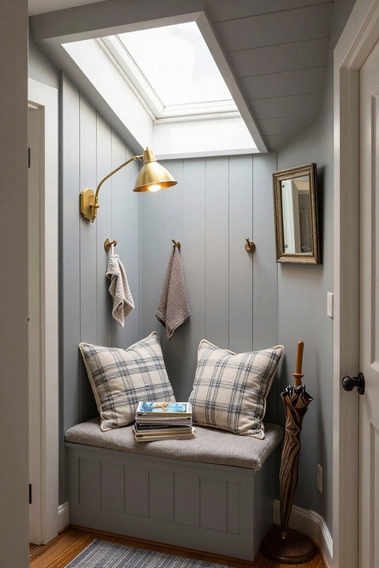 Narrow gray shiplap-walled indoor hallway featuring a built-in cushioned bench with plaid pillows and books, wall hooks with towels, gold wall lamp and hooks, skylight ceiling, umbrella stand, mirror, and doors on sides.