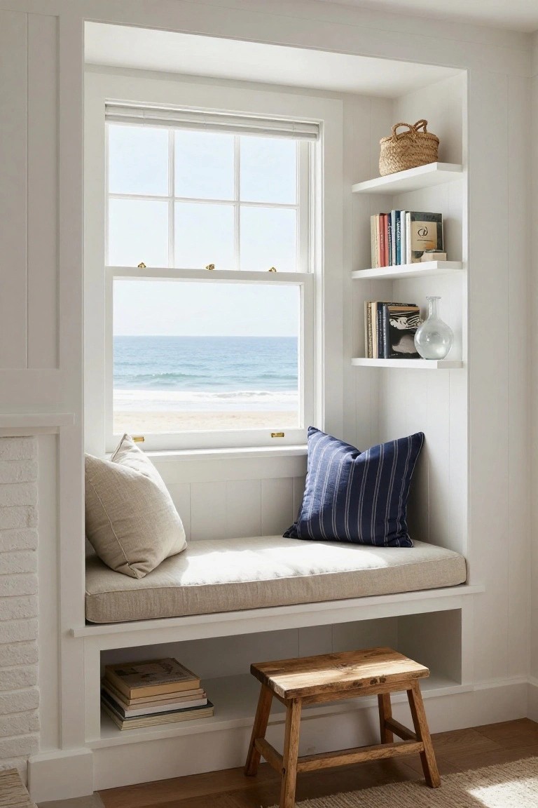 White recessed window seat with beige cushioned bench, cream and navy pillows, floating white shelves holding books, basket, vase, and decor, overlooking beach and ocean, wooden stool and books stored below bench.