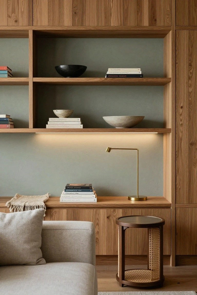 Floor-to-ceiling wooden built-in shelving with open shelves displaying books and ceramic bowls, integrated LED lighting, a gold desk lamp, beige sofa, round rattan side table, and light rug in a modern interior.