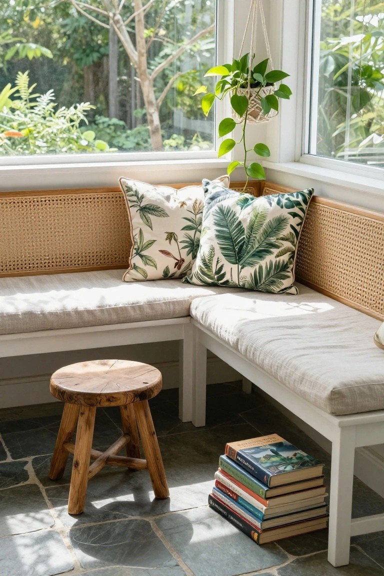 Corner indoor bench with beige linen cushions, green tropical pillows, and rattan backrest under a large window with hanging pothos plant, wooden stool, and stack of books on slate tile floor.