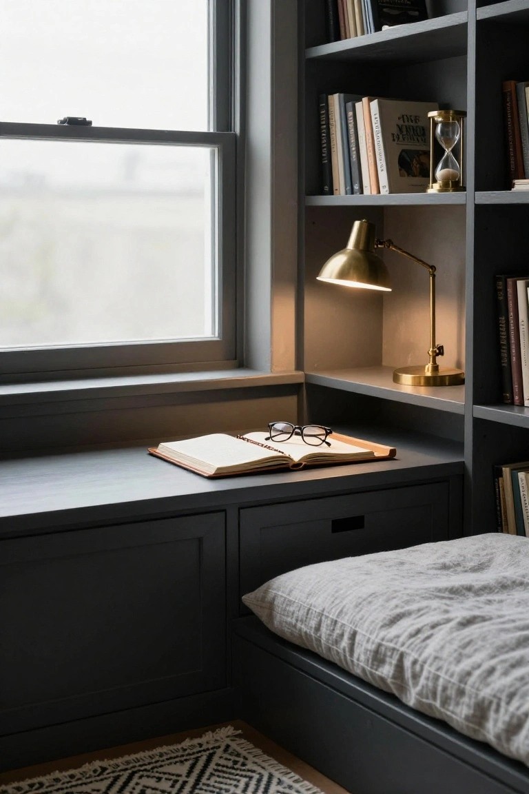 Cozy reading nook with a brass lamp, open book, glasses, and a plush cushion.