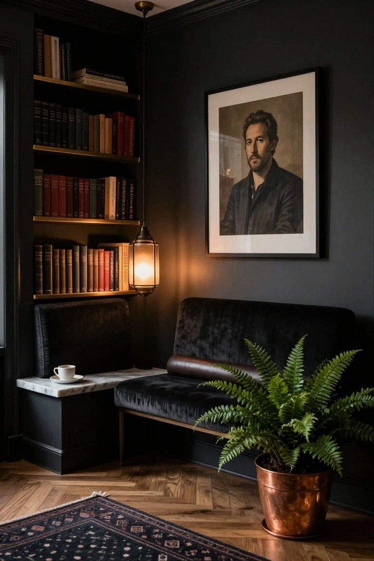 Dark interior corner with floor-to-ceiling brass bookshelves filled with books framing a black velvet bench on a low table, brass lantern lamp hanging above, framed portrait on wall, marble side table with teacup, potted fern in copper pot, herringbone floor, and patterned rug.