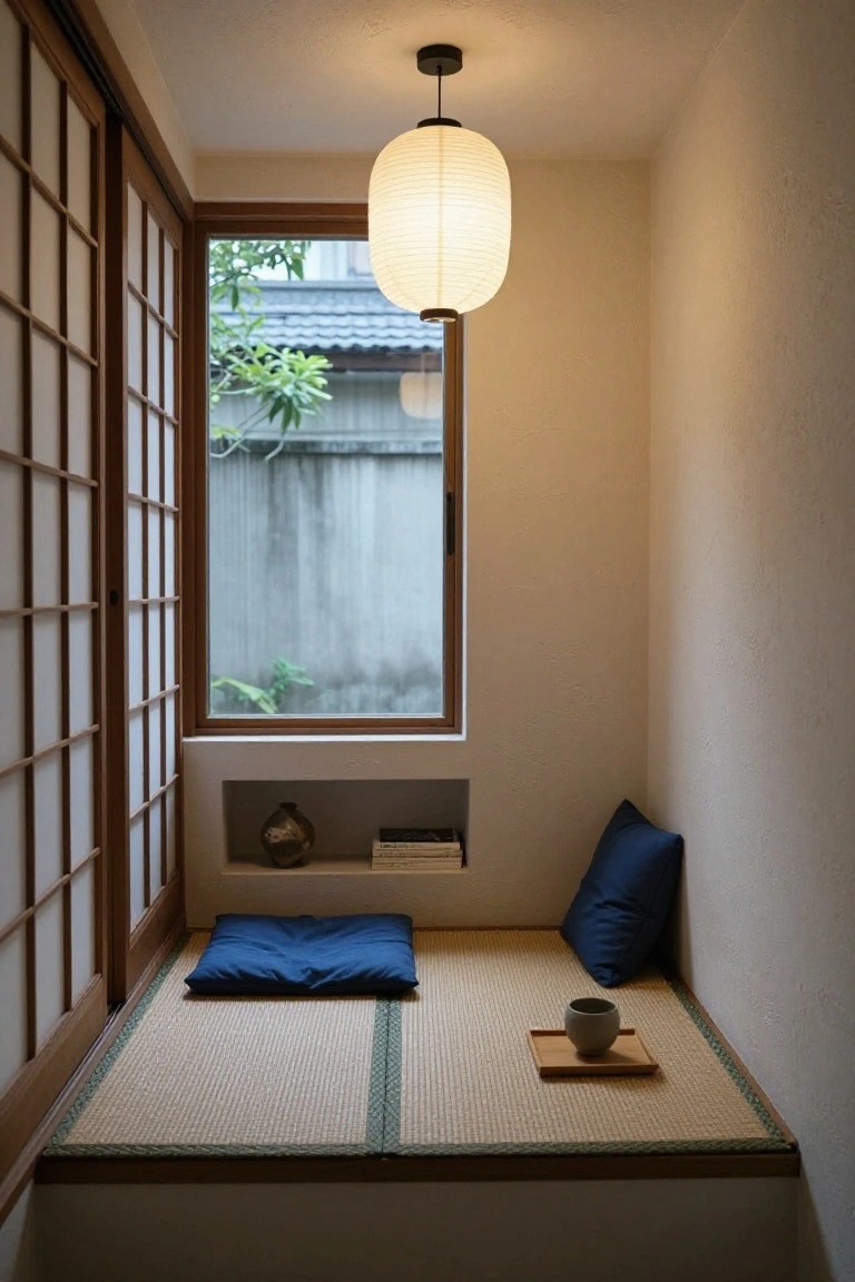 Minimalist indoor nook with raised tatami mat platform, blue cushions and pillow, teacup on wooden tray, built-in shelf holding vase and books, shoji screens, and window showing greenery outside.