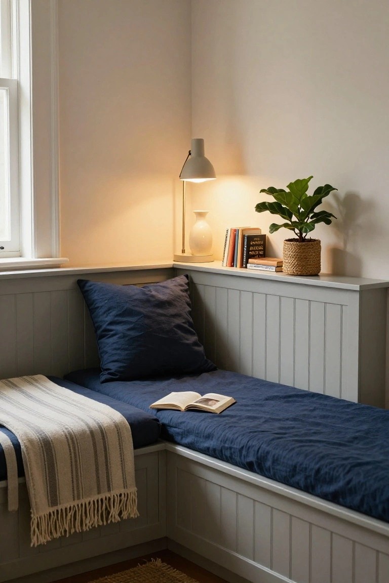 Cozy corner built-in bench with navy cushions and striped throw blanket, open book on the cushion, shelf above holding books, vase, and potted plant, wall lamp lit beside a window in a white paneled room.