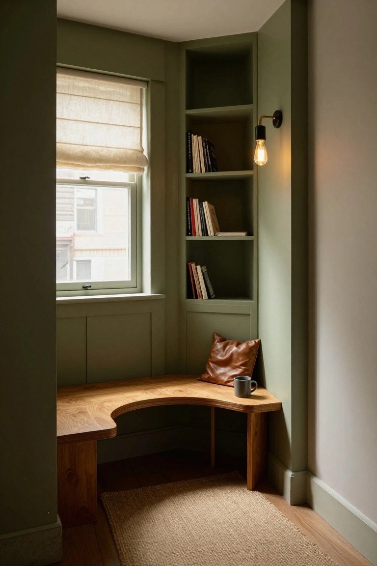 Curved wooden bench in a green corner nook beside a window with linen shade, built-in bookshelves on walls, leather pillow and mug on bench.