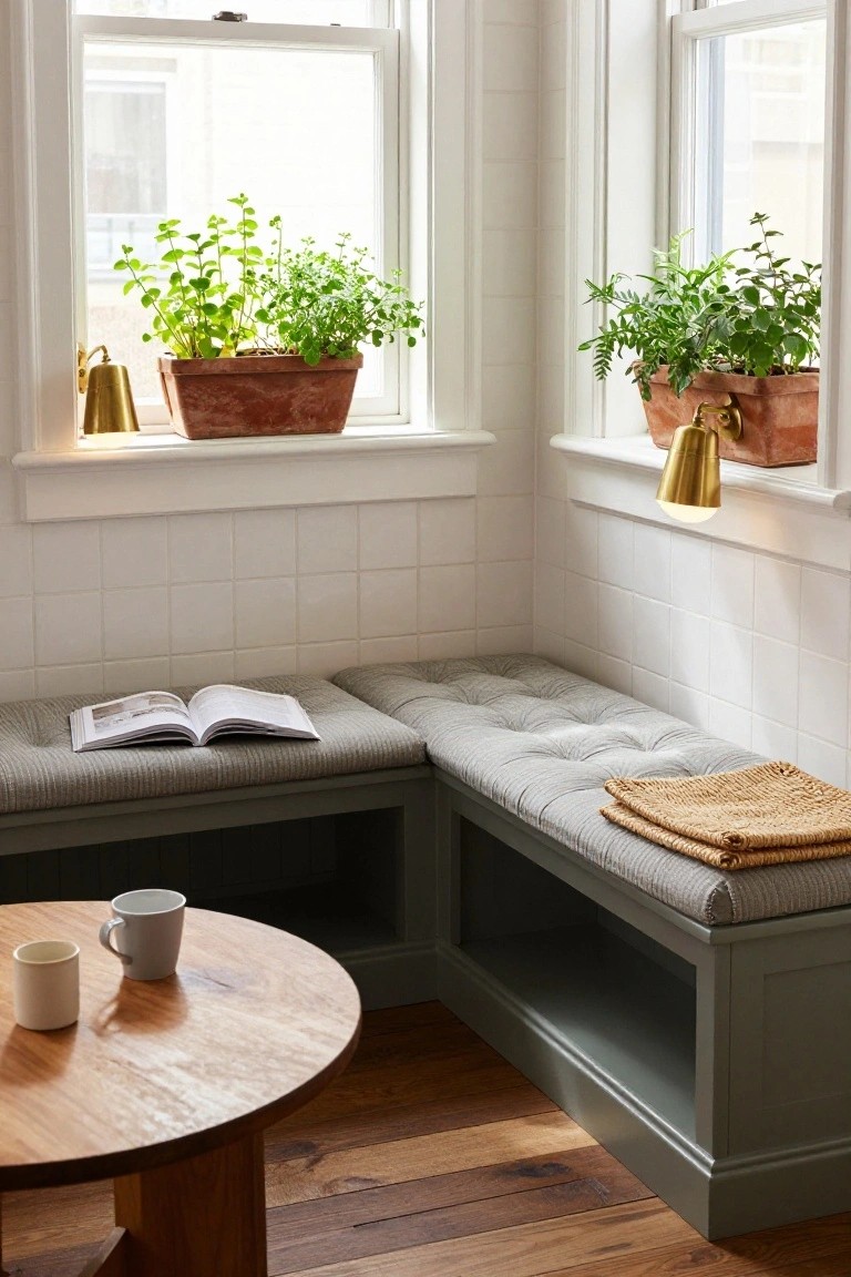 Corner indoor nook with built-in gray upholstered benches under two white-framed windows holding potted herb plants in terracotta pots, small wooden round table with two white ceramic mugs, open book on one bench, beige woven throw, white subway tile walls, and hardwood floors.