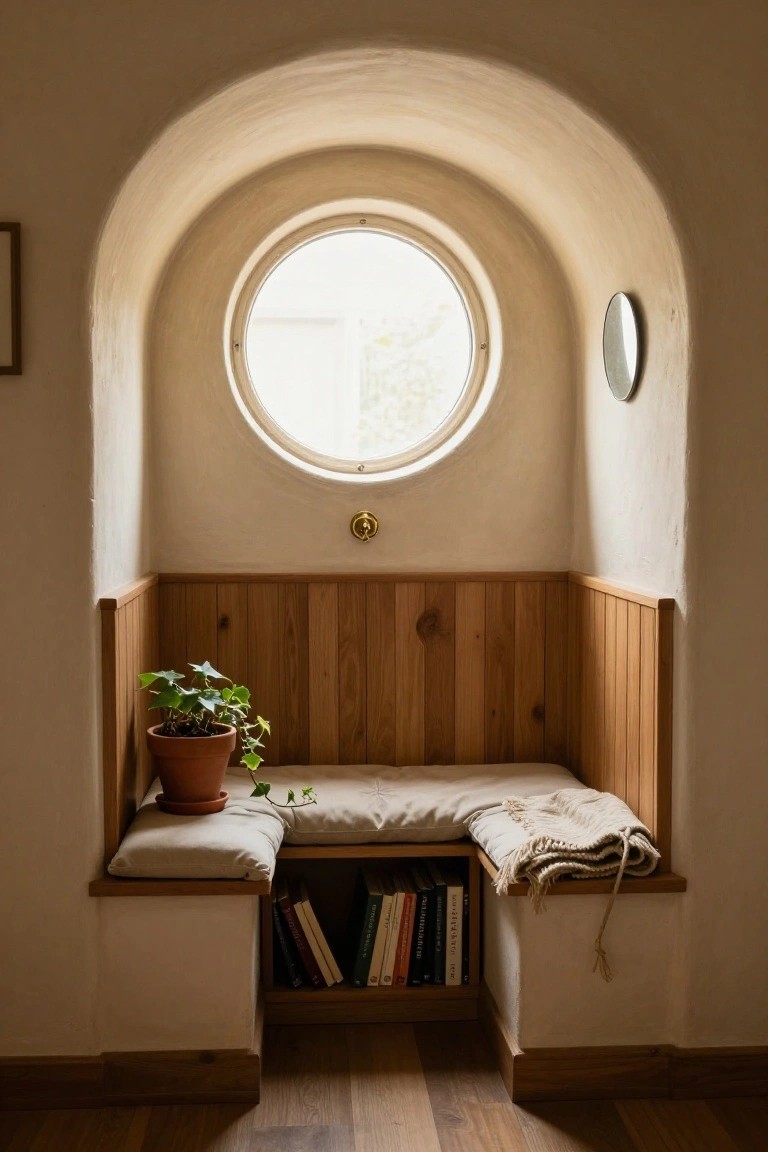 Arched alcove with round window, built-in wooden bench seat with beige cushions and knitted throw, potted ivy plant, and books on lower shelves against paneled walls.