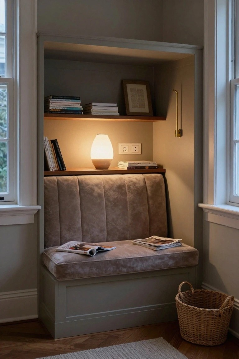 Built-in corner bench with tufted taupe upholstery and overhead wooden shelves holding books and a lamp, next to large windows in a gray-walled room with a wicker basket on the wood floor.