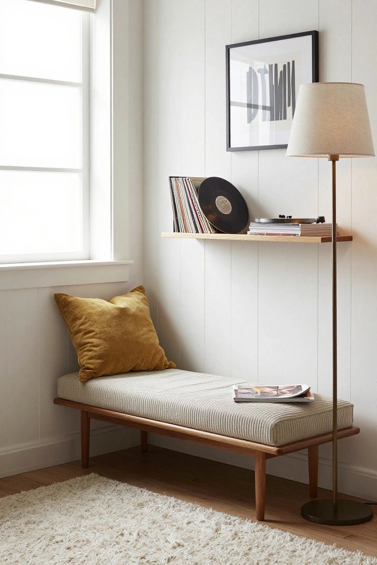 Corner indoor reading nook with low wooden bench topped by beige cushioned mattress, yellow velvet pillow, and open magazine, floating oak shelf holding books, vinyl records, and turntable above, brass floor lamp, and window blinds on white shiplap wall.