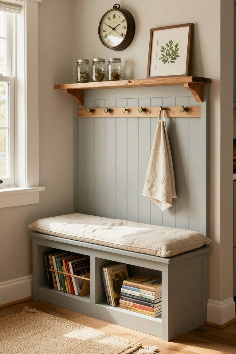 Gray paneled wall with wooden hooks holding a towel, above a built-in bench with beige cushion and open shelves containing colorful books, wooden shelf with jars overhead, clock on wall, and jute rug on wood floor.