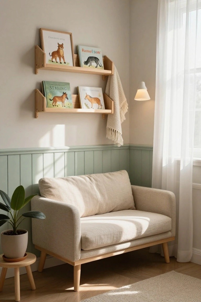 Light beige room corner with wooden floating shelves holding children's books with animal illustrations, a cream fabric armchair below, potted plant on wooden stool, mint green wainscoting, draped throw on shelf, wall lamp, and sheer curtains at window.