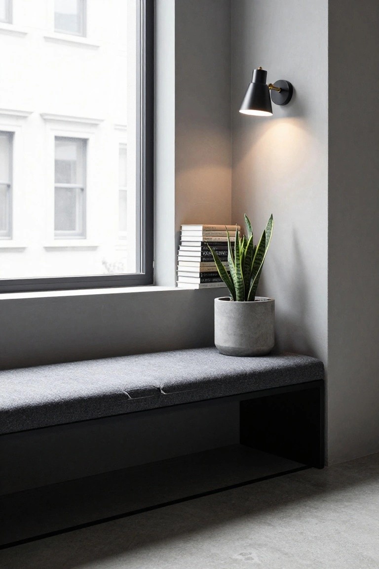 Gray cushioned bench built under a large black-framed window in a light gray room, with stacked books, a potted snake plant in a concrete pot, and a black wall sconce nearby.