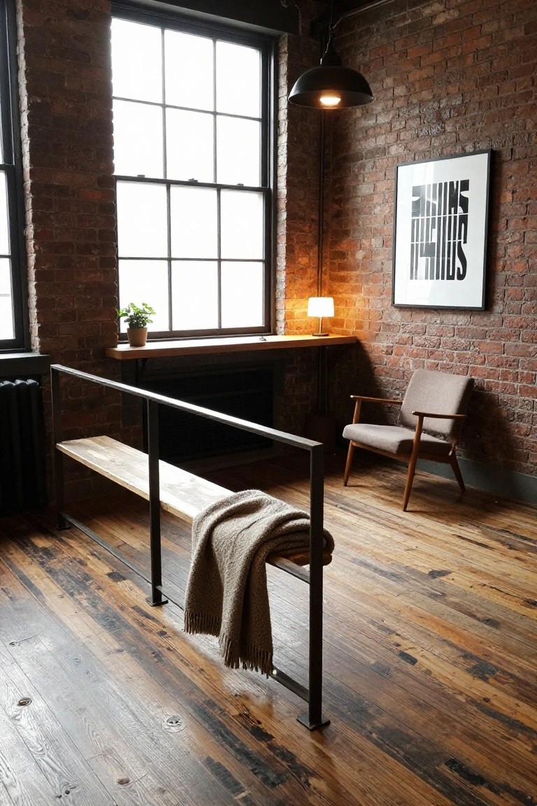 Brick-walled interior room with large multipane windows, wooden bench on black metal frame draped with a beige blanket along a radiator ledge, potted plant on windowsill, table lamp, pendant light, and wooden armchair on hardwood floors.