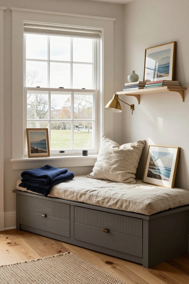 A gray storage bench under a large window serves as a window seat with beige linen cushions, a navy blanket, pillows, framed photos, and nearby bookshelves in a white room with hardwood floors.
