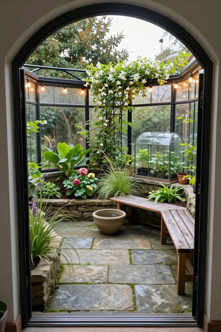 Open arched black-framed doorway leading into a glass-walled sunroom conservatory filled with potted plants, climbing vines, a wooden L-shaped bench against stone walls, and flagstone flooring.