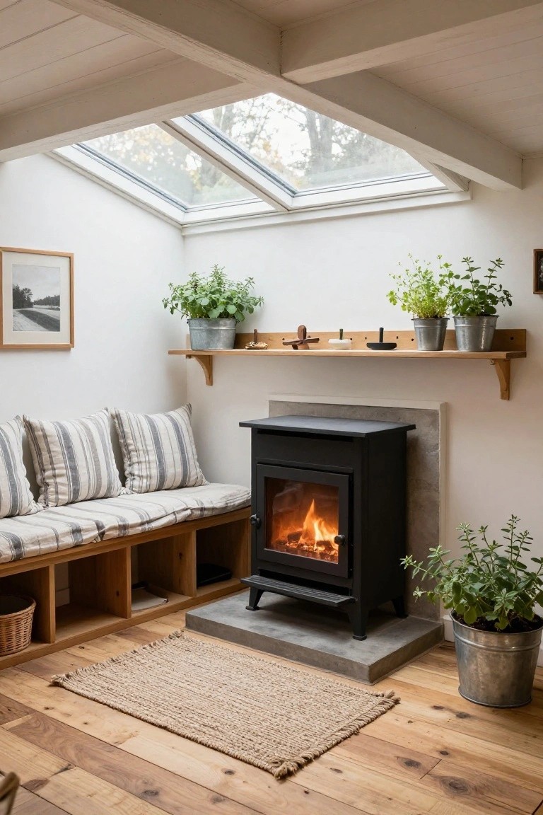 Corner of a light-filled room with white walls, wooden beams, skylights, a black wood-burning stove, built-in wooden bench with striped cushions and storage cubbies, plants in metal buckets on a wooden shelf, and a seagrass rug on wood floors.