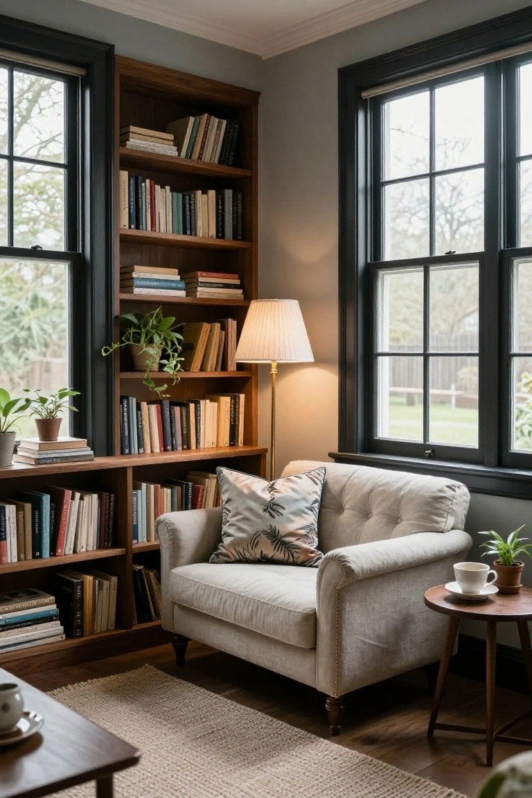 Cozy indoor reading corner with tall wooden built-in bookshelves filled with books lining gray walls and black-framed windows, a beige tufted armchair with patterned pillow, brass floor lamp, small round wooden side table with teacup and saucer, potted plants, jute rug, and wooden floor.