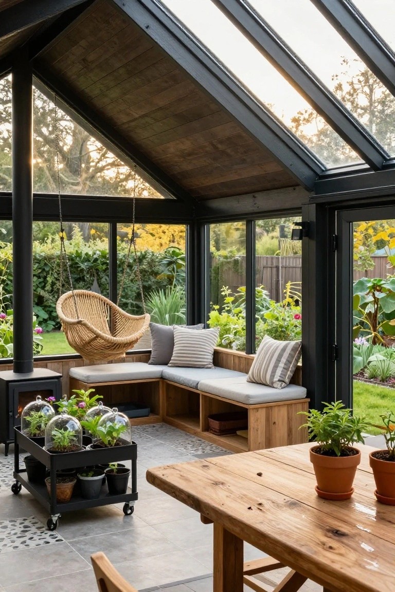 Sunroom with black metal framing and glass walls and roof, built-in wooden bench seating with gray cushions along one wall, rattan hanging egg chair, cart of potted plants, wooden table with terracotta pots, and garden view.