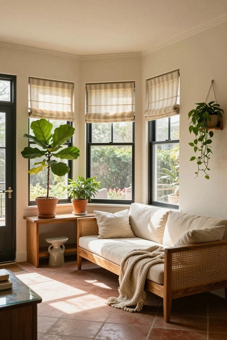 Sunlit bay window room featuring a beige rattan daybed with white cushions and throw blanket, potted fiddle leaf fig plant, side tables, and neutral walls with views of greenery outside.