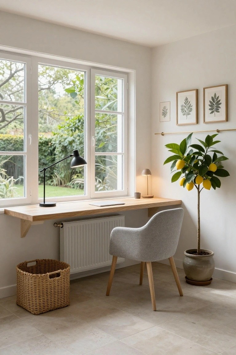 A minimalist home office nook featuring a floating wooden desk under large triple casement windows overlooking a leafy garden, with a gray upholstered armchair, black desk lamp, beige table lamp, potted lemon tree, wicker basket, radiator, and botanical leaf prints on the wall.