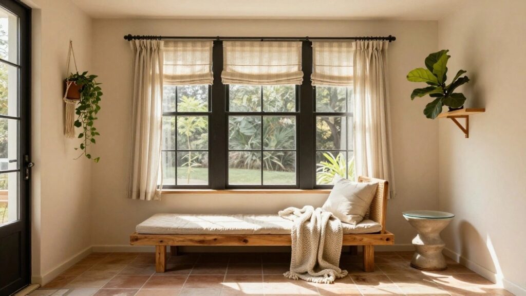 22 Smart Sunroom Additions That Transform Your Home Fast Sunlit bay window room featuring a beige rattan daybed with white cushions and throw blanket, potted fiddle leaf fig plant, side tables, and neutral walls with views of greenery outside.
