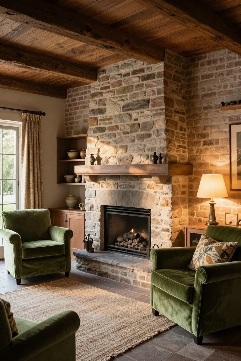 A sunroom interior with a tall stone fireplace containing gas logs, flanked by wooden shelves holding pottery, two green velvet armchairs on a seagrass rug, wooden beamed ceiling, beige curtains on a large window, and warm lamp lighting.