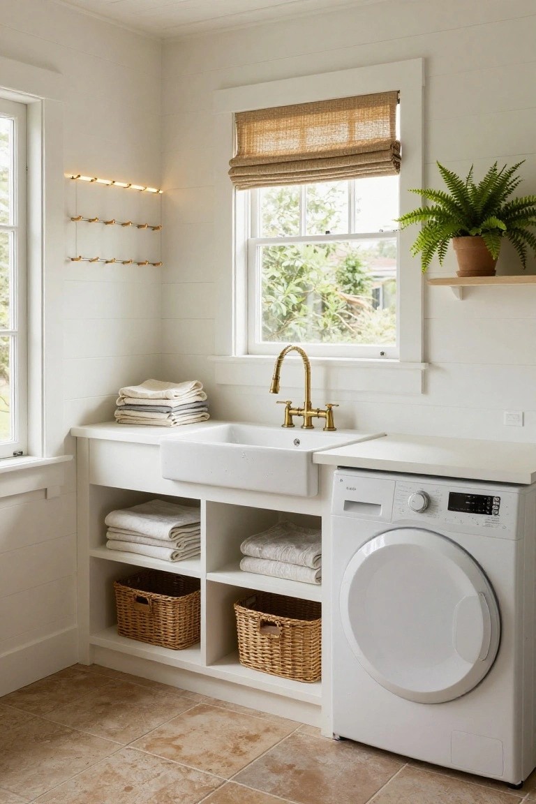White interior laundry room with open shelving stocked with folded linens and wicker baskets, a white farmhouse sink with gold faucet, and a front-loading white washer.