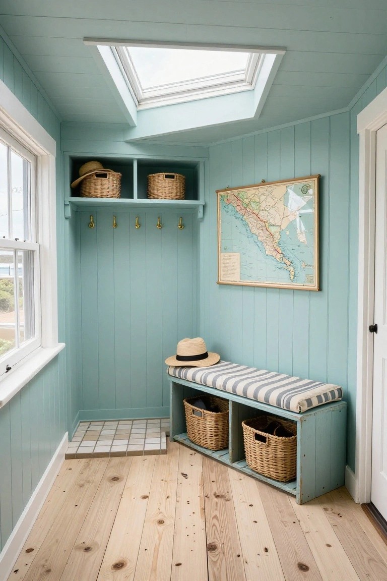 Small interior mudroom with light blue shiplap walls and ceiling, skylight, window, built-in wooden bench with striped cushion holding wicker baskets and shoes, coat hooks, straw hats, and a framed map on the wall.