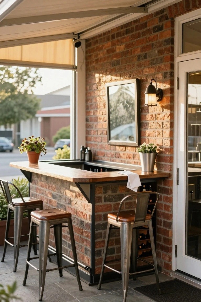 Outdoor wooden bar counter built against a brick wall under an awning, with metal stools, potted plants, a white towel, bottles, and a glass door nearby.