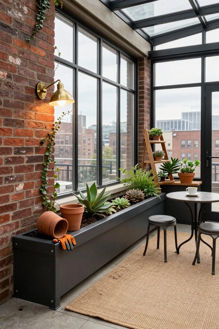 Sunroom with exposed brick walls and climbing ivy, large glass walls and ceiling, black metal trough planter filled with succulents and agave, wooden ladder shelf with potted plants, small round metal table with two stools on seagrass rug.