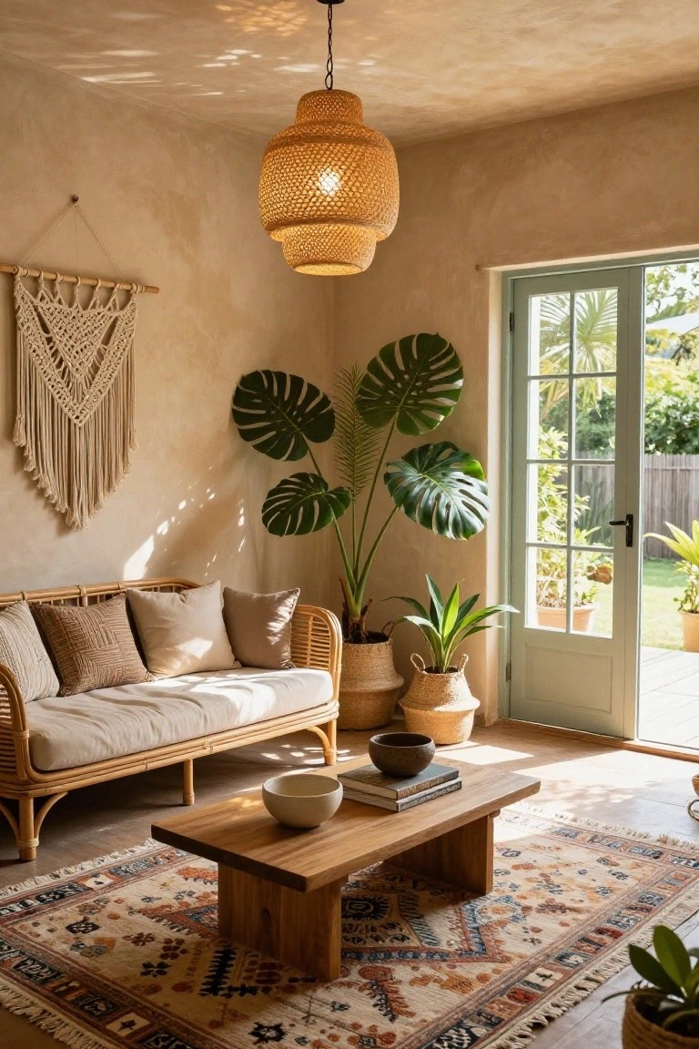 Sunlit room interior featuring a beige rattan sofa with cushions, wooden coffee table with bowls and books, potted monstera and other plants, macrame wall hanging, woven pendant light, and green French doors open to a garden.