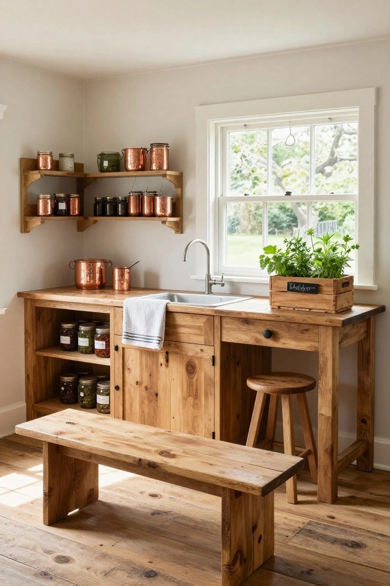 Rustic wooden kitchen corner with sink, cabinets stocked with jars, open shelves holding copper pots and pans, wooden bench and stool, and herb planter on windowsill overlooking garden.