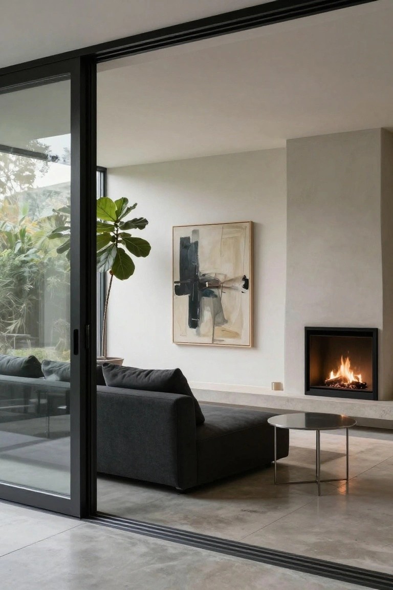 Modern minimalist living room featuring a gray L-shaped sofa, round metal coffee table, potted ficus tree, abstract painting on wall, gas fireplace, polished concrete floor, and fully open black-framed sliding glass doors to lush garden exterior.
