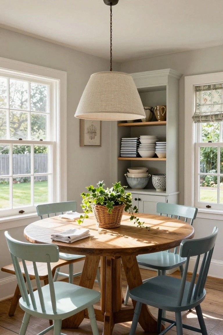 Sunlit interior corner with round wooden table, four mint-green wooden chairs, potted ivy plant on table, open gray cabinet with stacked dishes and bowls, large windows showing garden view, beige fabric pendant light overhead.