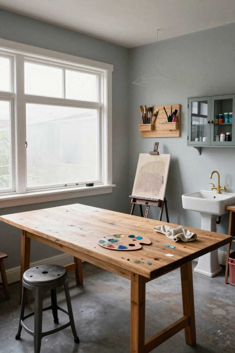 Light gray interior of an artist's studio with large wooden worktable holding paint palette, easel with abstract canvas, wall rack of brushes, glass-front cabinet, white sink, and metal stool on concrete floor.