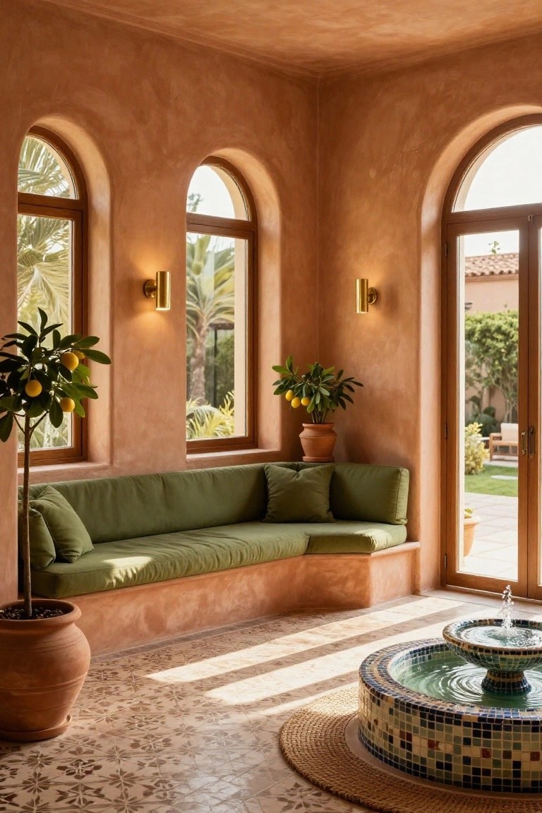 Sunroom interior with terracotta walls, curved green banquette seating, two potted lemon trees, arched wooden windows showing palm trees outside, brass wall sconces, terracotta tile floor, woven rug, and central low mosaic-tiled fountain with flowing water.