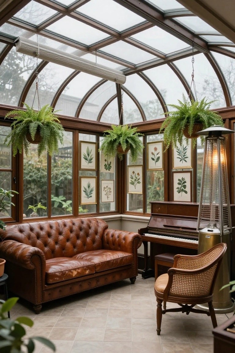 Glass-enclosed sunroom with arched ceiling, brown tufted leather sofa, wooden upright piano, hanging ferns, botanical prints in gold frames on wooden walls, rattan armchair, patio heater, and tiled floor.