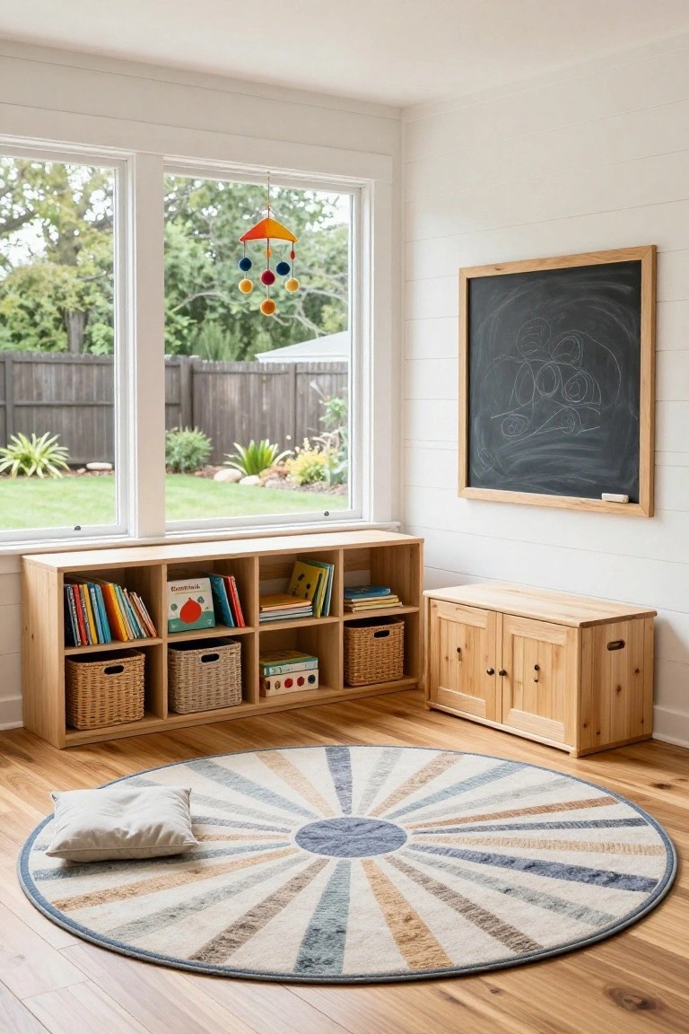 Bright sunroom interior with wooden bookshelves along large windows filled with children's books and baskets, a round multicolored rug with a white pillow in the center, a blackboard on the wall, and a view of a backyard garden.