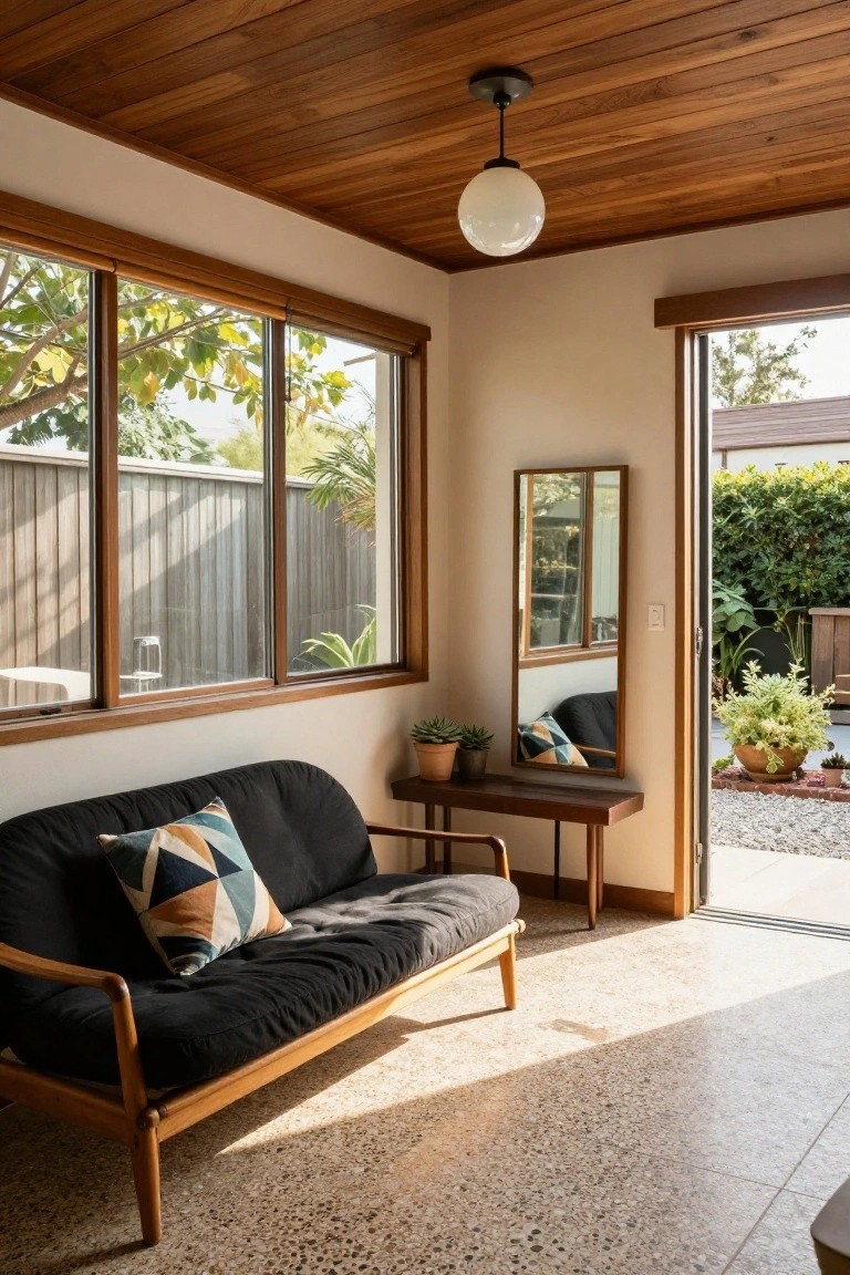 Sunroom with wooden plank ceiling, large sliding windows showing garden and fence views, black wooden-framed loveseat with geometric pillow, potted plants on wooden side table and console, freestanding mirror, and open door to gravel patio.