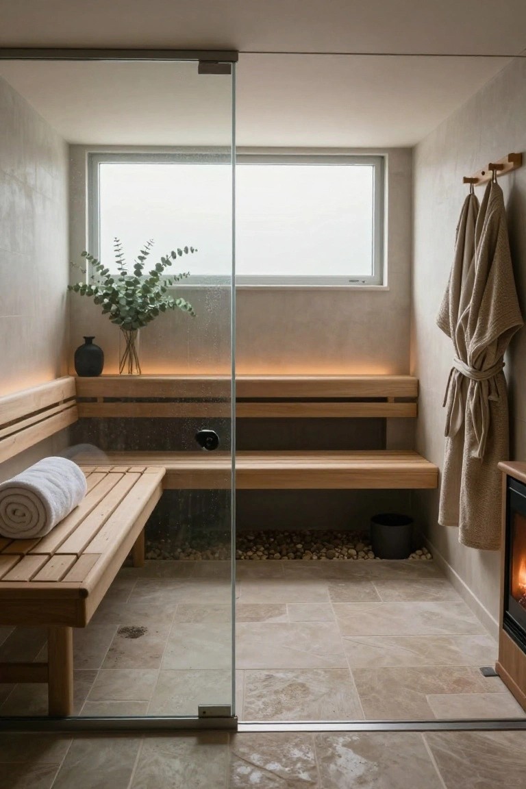 Glass-enclosed indoor sauna with L-shaped blond wood benches featuring under-bench lighting, rolled white towel on bench, hanging beige robes and towels, black vase with eucalyptus, pebble section on tiled floor, and small wood fireplace.