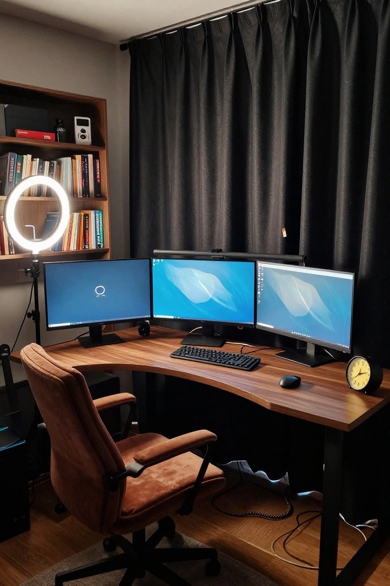 Curved wooden desk with three computer monitors, keyboard, mouse, and analog clock in a home office, orange upholstered chair, bookshelves with ring light, and black curtains.