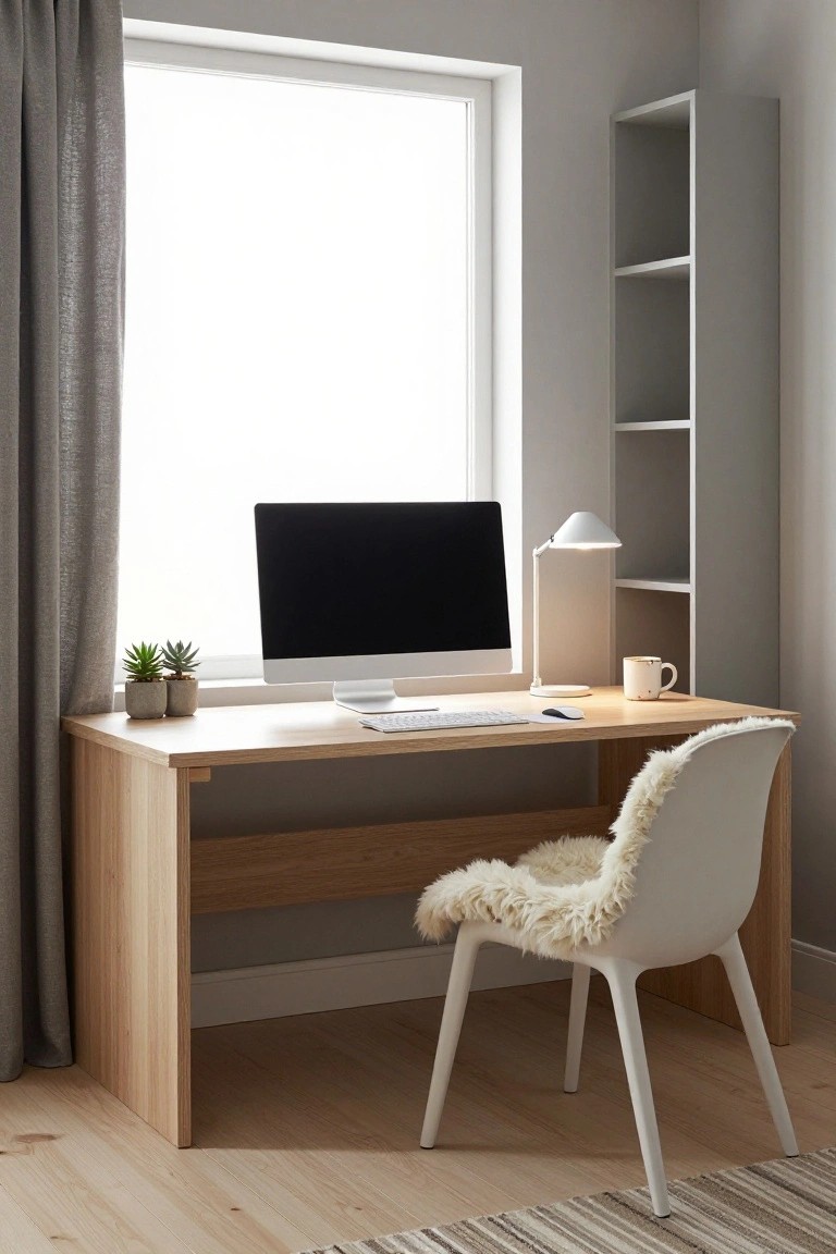 Minimalist workspace featuring a wooden desk, black computer, white chair, and potted plants.