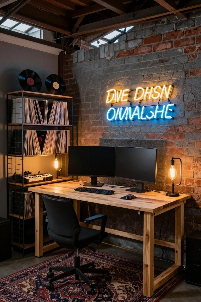 Industrial-style interior with exposed brick wall behind a wooden desk supporting dual black monitors, keyboard, mouse, metal shelves with vinyl records, synthesizer, neon sign, and warm pendant lamps.